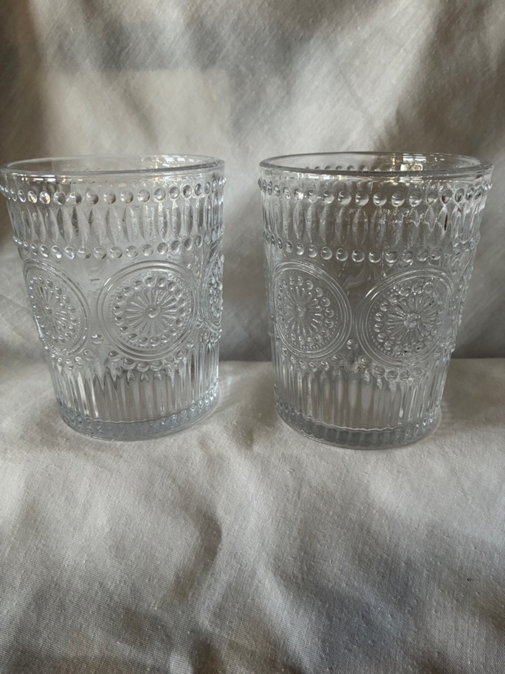 Clear Pressed Glass Tumbler Pair - Decorative Pattern